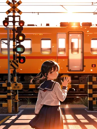 A schoolgirl in a serafuku waves backlit by the sunset as an orange train with motion blur passes a railroad crossing outdoors.