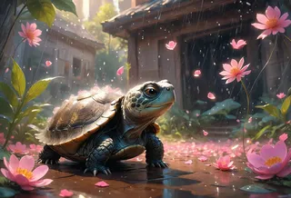 A magical baby snapping turtle gazing upward as pink flower petals rain down around it under soft, cinematic volumetric lighting with a watercolor digital art style.