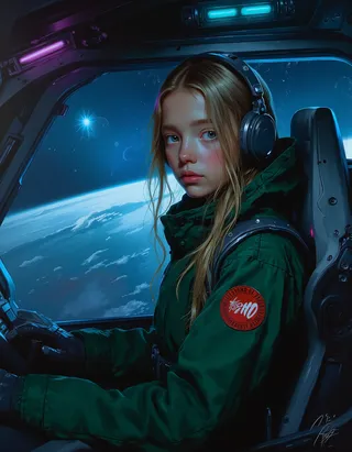Young teenage girl with striking blue eyes and long blonde hair, wearing a green flight suit and headphones, sits confidently in a futuristic spaceship cockpit with Earth and stars visible outside.