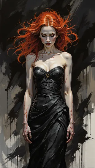 Dark fantasy digital painting of a pale woman with fiery red hair flowing like flames, wearing a black evening gown against an abstract gloomy background.