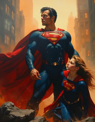 Hyper-realistic oil painting of Superman shielding Supergirl in a sunset-lit city, both in iconic blue and red costumes with flowing capes.