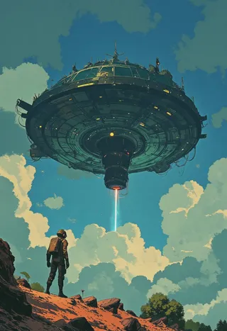 A futuristic Trackmania spaceport spacecraft hovering above a rocky desert island with a humanoid figure in an armored suit standing below, set against a cloudy blue sky.