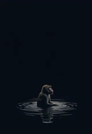 A solitary macaque sits quietly in a mountain onsen surrounded by gentle water ripples under a dark, minimalist background.
