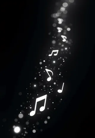 A series of glowing white musical notes and symbols ascending in a spiral path against a deep black background, surrounded by particles of light and soft glowing orbs, rendered with volumetric lighting.