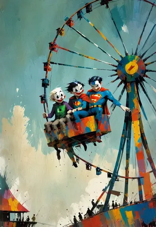 Colorful abstractionism painting of Superman and Joker styled characters joyfully riding a ferris wheel amid a lively amusement scene.