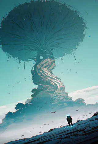 A glowing giant twisted tree on a floating island behind a lone figure in a spacesuit with a fishbowl helmet, standing on a rocky cliff surrounded by birds and clouds.