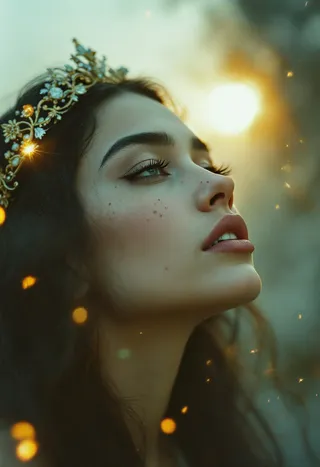 Close-up of a woman's face with delicate freckles and full lips wearing an ornate ceremonial crown, surrounded by thick fog, glowing sparks, and cinematic light with bokeh effects.