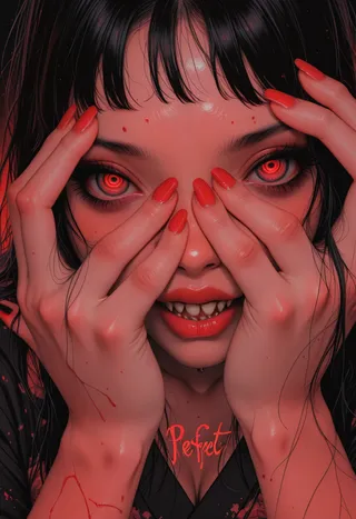 Close-up photorealistic portrait of a dark horror-themed woman with glowing red eyes, sharp teeth, red nail polish, and black hair.