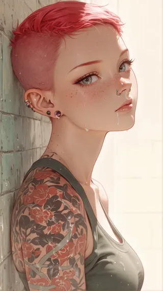 Portrait of a light-skinned woman with short pink-red mohawk hairstyle, multiple ear piercings, grey eyes, and floral tattoos covering her left arm, wearing a tank top and standing against a textured wall.