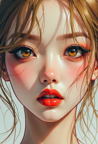 Extreme closeup of a young woman with blonde loose hair, orange eyes, glossy red lips, and dark eyeshadow, rendered in a photorealistic style