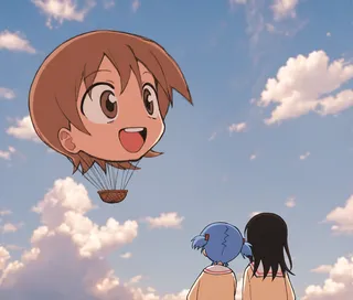 Anime-style floating head of a smiling girl attached to a hot air balloon basket in a blue sky with clouds, two anime girls from behind looking up.