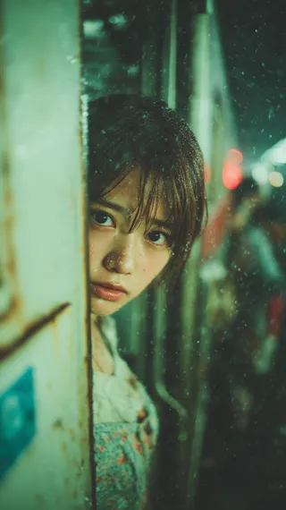 A close-up portrait of a young woman with wet hair peeking from behind a rusty wall in the rain at night, with moody greenish lighting and blurred background.