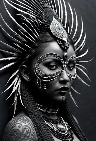 Monochrome tribal portrait of a woman with detailed beadwork, feather headdress, face paint, and a large tribal tattoo on her shoulder.
