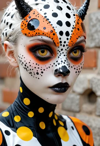Close-up portrait of a woman with dalmatian-inspired face paint, yellow eyes, black lipstick, and an orange and black costume with polka dots.