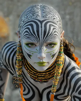 Close-up photorealistic portrait of a woman with tribal zebra-striped face and body paint, green eyes, shaved head, and yellow-orange beaded necklace.