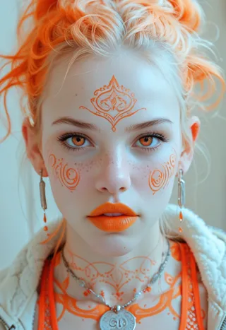 Photo-realistic close-up portrait of a young woman with vibrant orange hair, orange eyes, freckles, and detailed orange facial tattoos, wearing orange lipstick and silver jewelry.