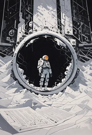 An astronaut standing lost in space inside a circular portal, rendered in a detailed watercolor and Sinozick style with flat colors and no lineart.