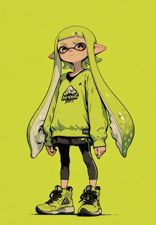 A yellow-green Splatoon Inkling girl with long tentacle hair wearing casual oversized sweatshirt, leggings, and sneakers in a flat color style without lineart.