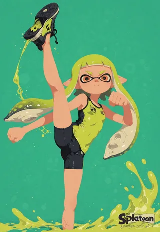 Splatoon Inkling girl wearing a yellow green swimsuit performing a high kick with an outstretched fist, featuring a grim expression and water ink splash style on a teal background.