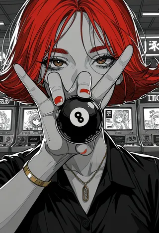 Red-haired girl with brown eyes holding a black 8-ball in front of her face inside a dimly lit arcade room with neon lights.