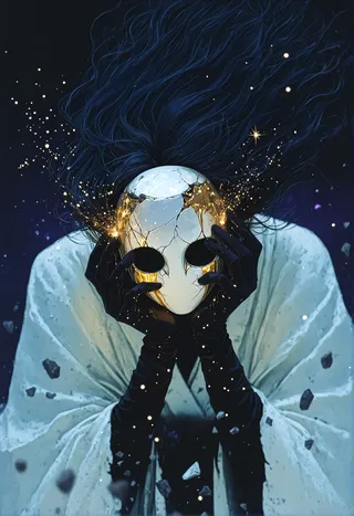 A dark-themed portrait of a woman with messy long black hair floating as if in water, wearing a white silk robe and black gloves, holding a cracked porcelain mask with golden streaming tears and no facial features, surrounded by floating stone shards and glowing particles on a dark background.