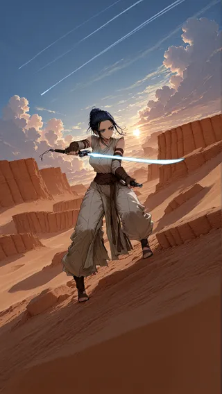 Dynamic pose of Jedi Rey wielding an energy sword in a desert with sandstone formations and a sunset sky with contrails and clouds.