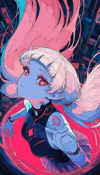 Close-up portrait of a cyberpunk girl with metal skin and heart-shaped pupils, pink flowing hair in low twin tails, wearing a figure skating dress in a dynamic indoor pose with volumetric lighting.