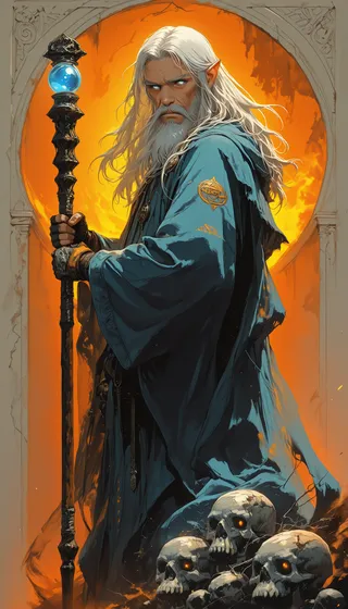 A wizard with long white hair and beard wearing a blue robe, holding a staff topped with a glowing blue orb, set against an orange background with skulls at his feet.