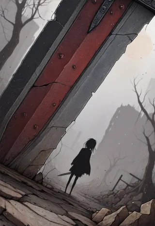 Close-up view of a rusty greatsword grounded on shattered, broken terrain with a silhouette of a mysterious figure holding a sword in the background, all seen through a dramatic dutch angle perspective.