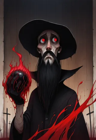 Close-up of a male sorcerer with long black beard, red glowing eyes, wearing black rags and wide-brimmed hat, holding a black orb with red blood magic flames.