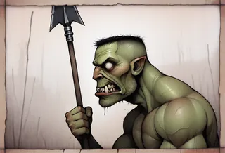 Close-up side view of a muscular green orc with large lower tusks, white eyes, and an angry expression holding a wooden spear with a metal tip.