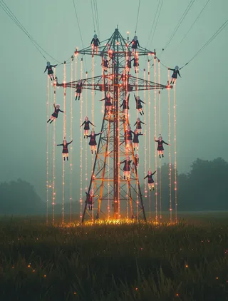 A transmission tower in a foggy field surrounded by ghost-like figures in school uniforms floating and connected by glowing red threads, with grass swaying to light pulses.