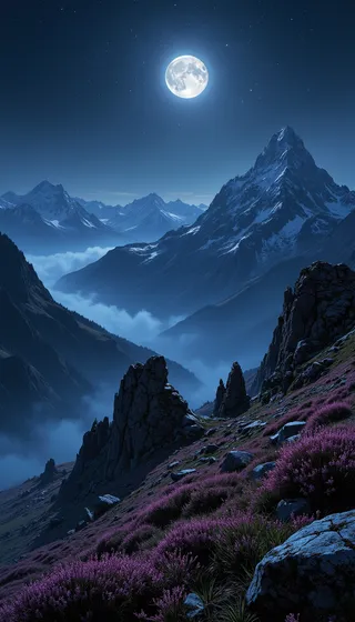 Nighttime view of an Alpine mountainside covered with purple heather and rocky formations under a glowing full moon with distant fog-covered peaks.