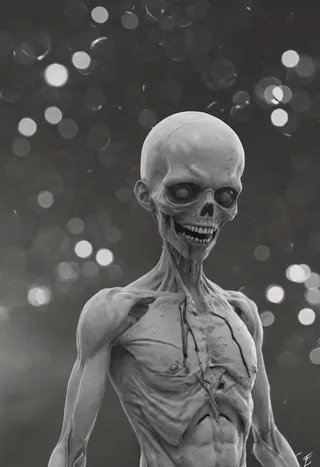 Grayscale image of an anatomically detailed skeleton with a spooky smile, set against a dark background with circular bokeh lights.