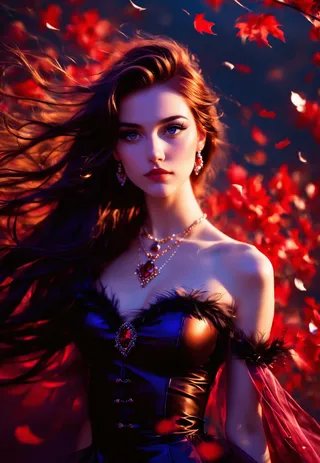 Portrait of a mystical woman with flowing dark hair and captivating eyes, wearing a dark elegant dress adorned with jewelry, surrounded by swirling red autumn leaves.