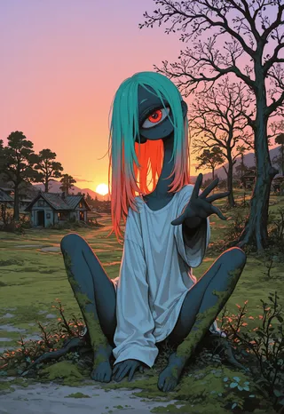 A surreal cyclops monster with a single large eye, long colored hair, and moss-covered legs sitting in a village at sunset with an outstretched arm.