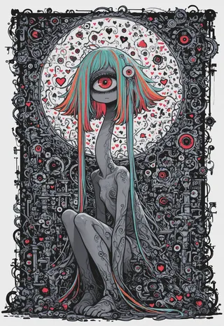 A surreal cyclops monster with a long neck, a gigantic single red eye, and long teal and orange hair, surrounded by an intricate dark abstract background filled with red hearts and mechanical elements.