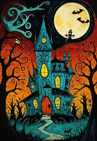 A spooky haunted house in collagraph style by Genndy Tartakovsky with glowing windows, swirling trees, a large full moon, and bats flying in front of the moon.