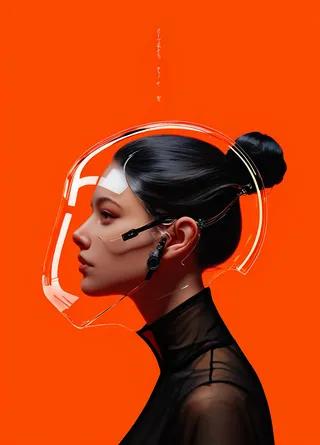 Side profile of a girl with a hair bun wearing a transparent glass helmet against an orange background with delicate Japanese text above.