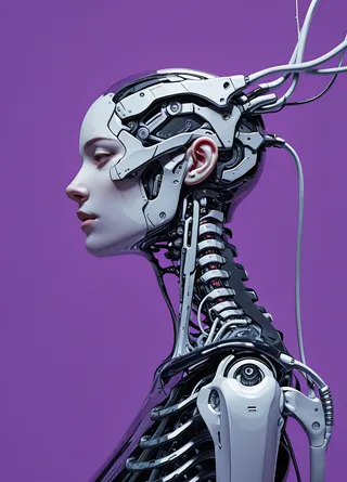 Profile view of a realistic cyberpunk android girl with intricate mechanical parts and cables against a purple background.