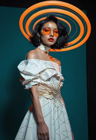 Stylish young Korean woman wearing an off-shoulder white dress with gold geometric shapes and orange tinted sunglasses, posed before a glowing orange spiral on dark teal background.
