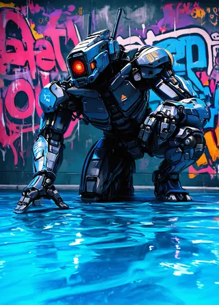 A detailed humanoid robot with red eyes kneeling in water in front of a colorful graffiti wall, showcasing reflections and vibrant sci-fi aesthetics.