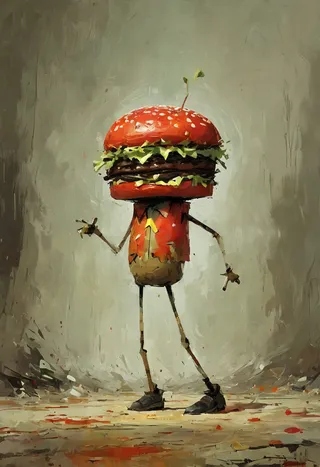 A painterly style illustration of a dancing Big Mac burger character with a burger head, thin stick arms and legs, and a red shirt, standing on a textured ground with a neutral background.