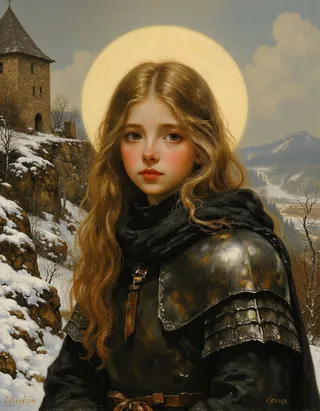 Oil painting of a graceful young blond girl wearing 1500s full plate armor, glowing halo behind her head, standing in snow near a castle on a cliff.