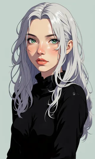 Portrait of a woman with silver-gray flowing hair, green eyes, freckled fair skin, wearing a black form-fitting outfit against a neutral background.