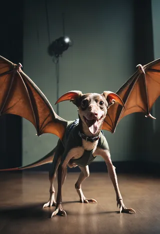 A photorealistic image of a happy dog wearing a costume with large pteranodon wings, standing indoors under dramatic cinematic lighting.