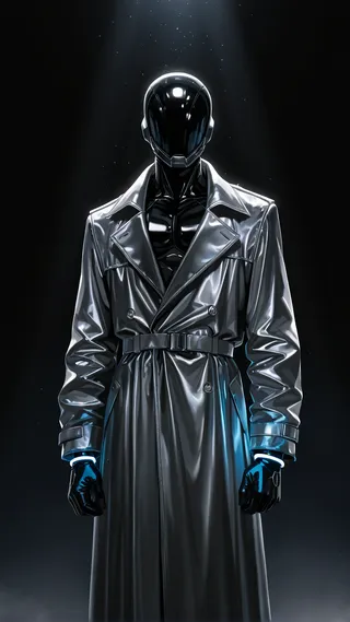 A futuristic man wearing a shiny metallic silver trench coat and black gloves, with a sleek black helmet and neon bracelets, illuminated by volumetric lighting against a dark background.