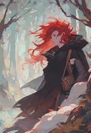 A fantasy human female with long, messy red hair wearing a black cloak and tube top, carrying a shoulder bag, standing in a misty forest background.