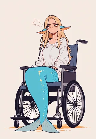 Flat vector illustration of a blonde-haired mermaid with golden eyes sitting in a wheelchair, wearing an oversized white shirt and showing an annoyed expression.