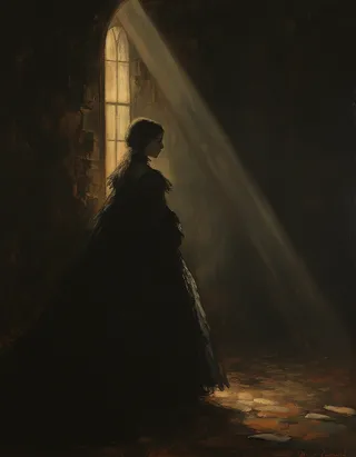 A minimalist oil painting of a pale, petite gothic vampire princess standing inside a medieval church, illuminated by warm rays of light from a stained glass window, done in Rembrandt's style.
